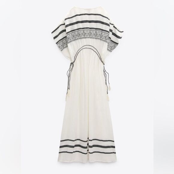 Zara White Maxi Dress with Black Embroidered Stripes - Picture 7 of 10